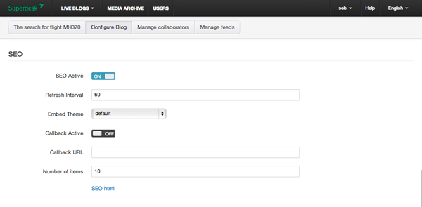 Activating and configuring the SEO feature in Live Blog