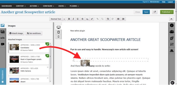Simply drag and drop your images inside the article.