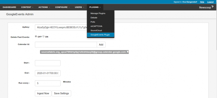 Plugin admin panel in the Newscoop backend