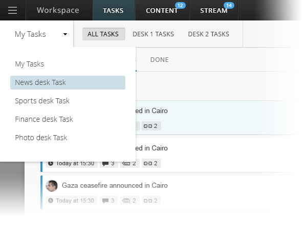 A physical newsroom has multiple desks to cover various beats. Superdesk mirrors this structure and helps you assign tasks to individual departments.