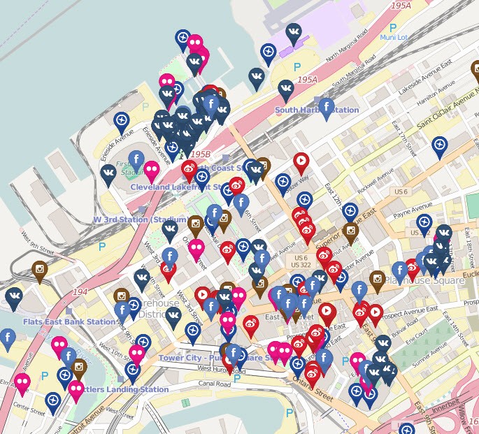 Map of geolocated materials in Cleveland from EchoSec (a geolocated video/photo finding service).