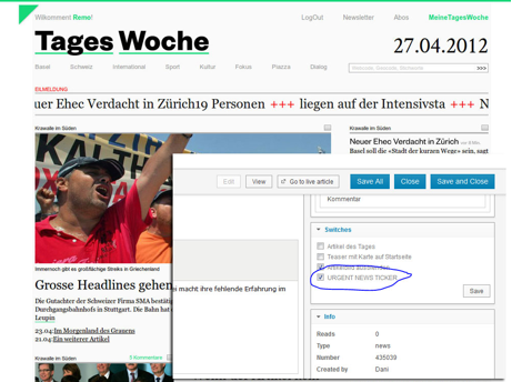 TagesWoche’s urgent newsticker sends news headlines to the front page masthead.