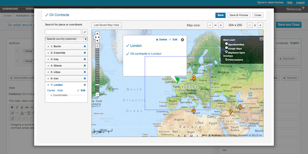 Newscoop 4's revamped geolocation tools. Credit Sourcefabric | CC BY-NC-SA.