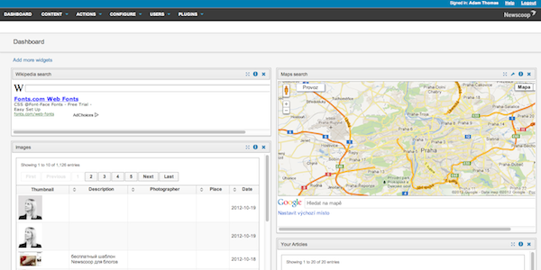 Newscoop's dashboard, with customisable map, article, picture and search widgets.