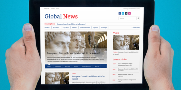 Global News theme tablet view, a clean and fresh, new responsive theme for Newscoop 4.x.