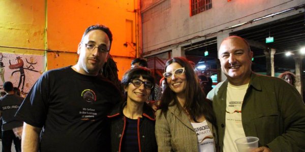 Media Party organizer Mariano Blejman and his wife Alejandra Dandan with co-organizer Mariana Berruezo and Douglas Arellanes at Media Party 2013.