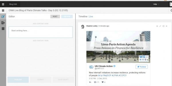 User interface of Climate News Mosaic Live Blog